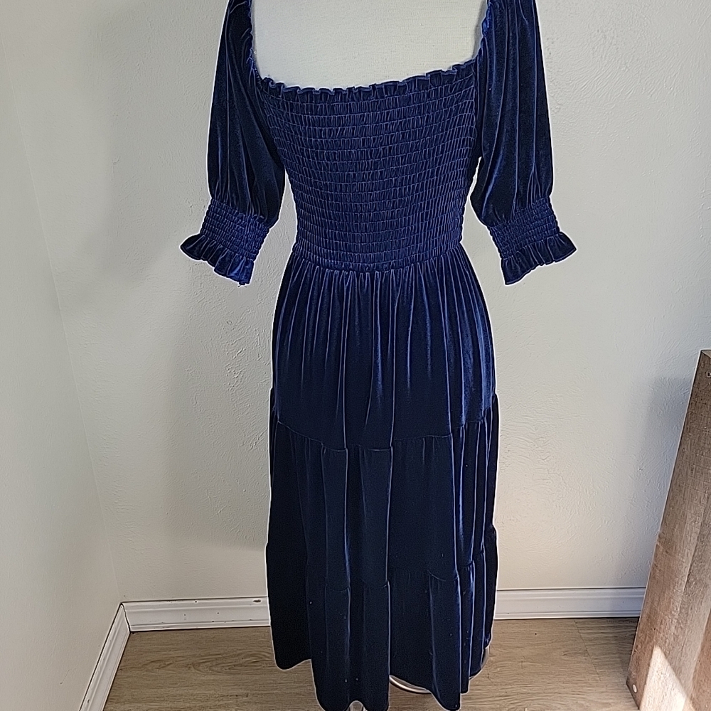 R Vivimos Blue Velvet Smocked Tiered Dress Medium - Picture 7 of 13